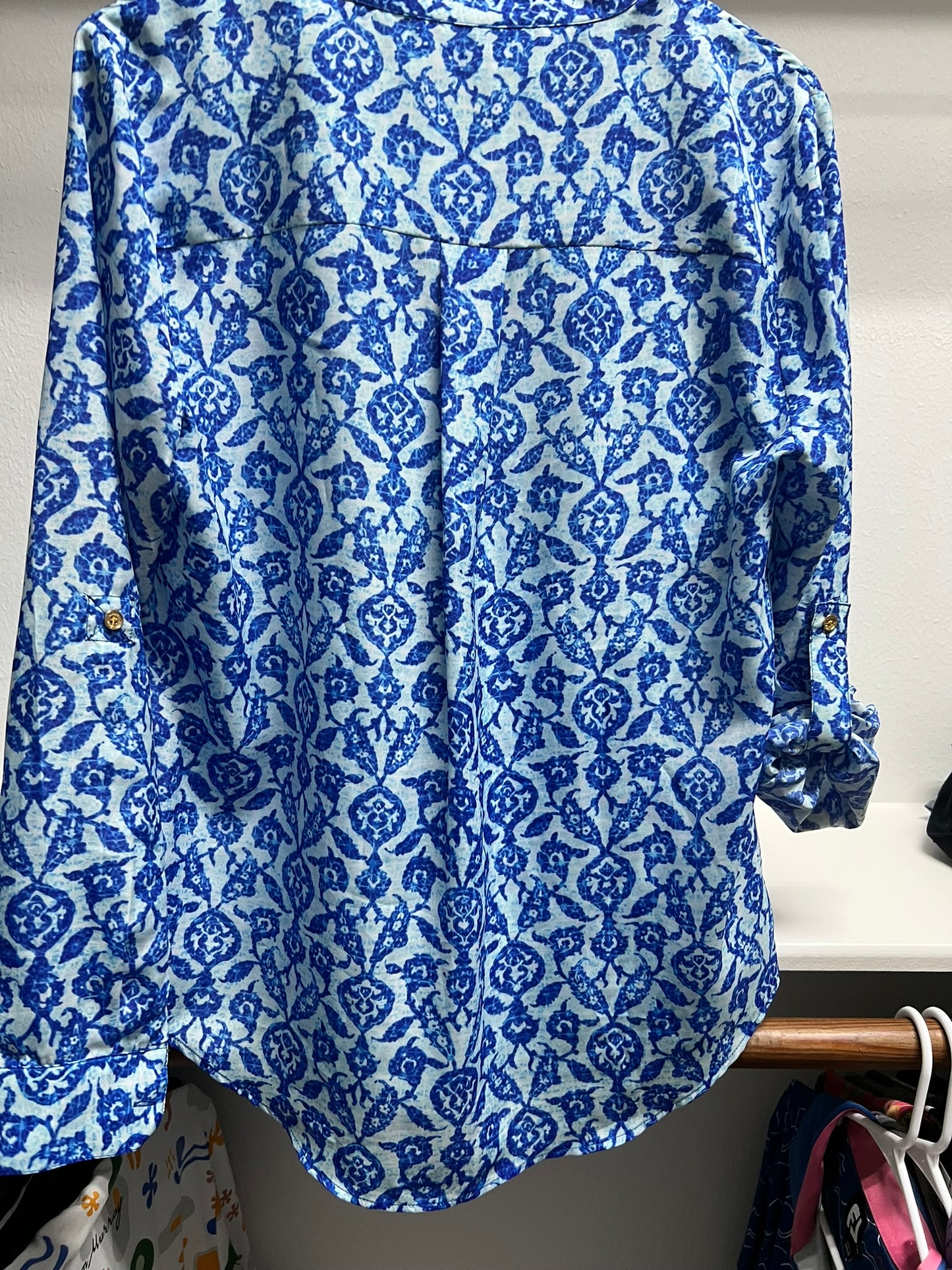Michael Kors Blue Geometric Pattern Blouse with Gold Zippers