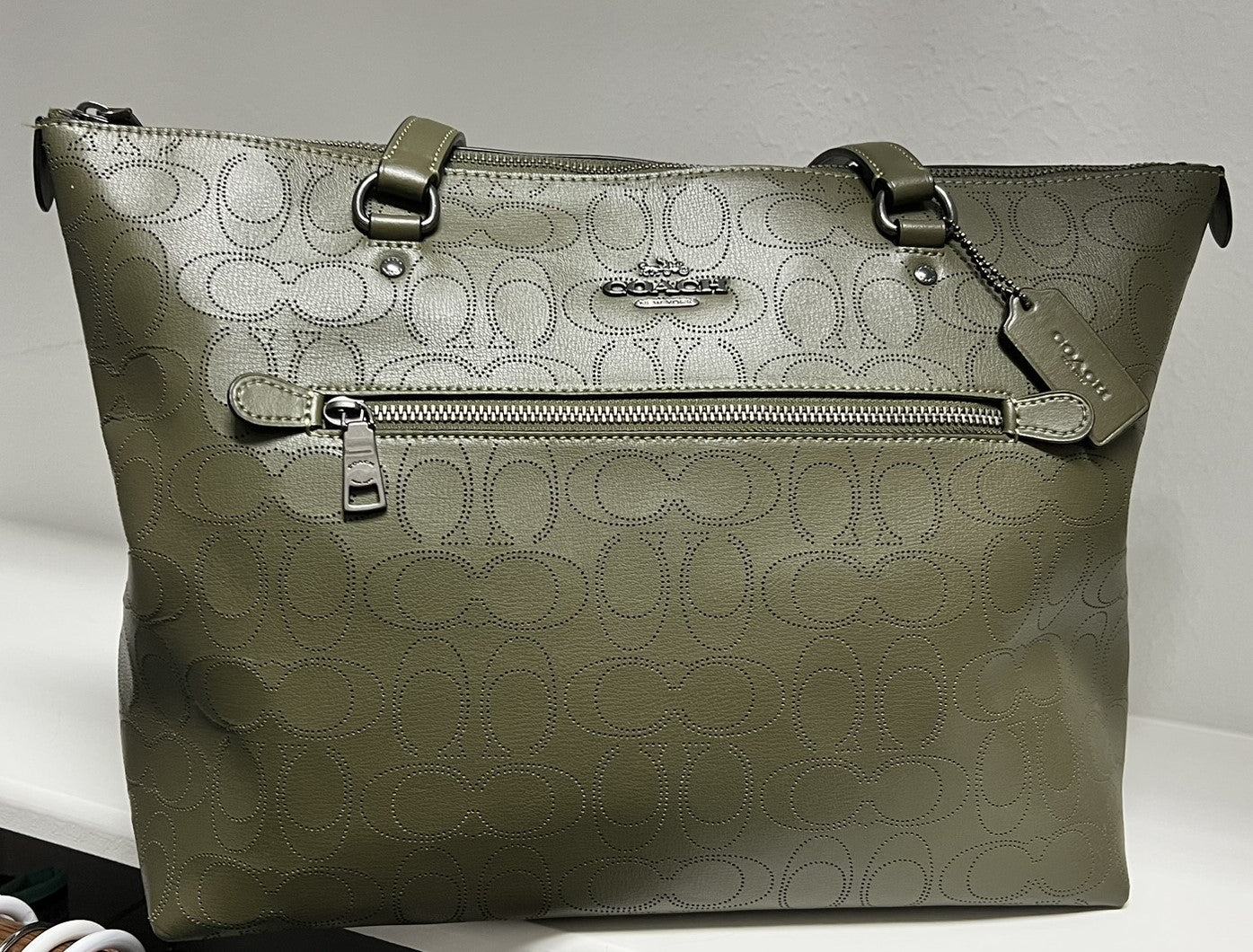 Olive Green Signature Coach Tote with Stitched Detailing