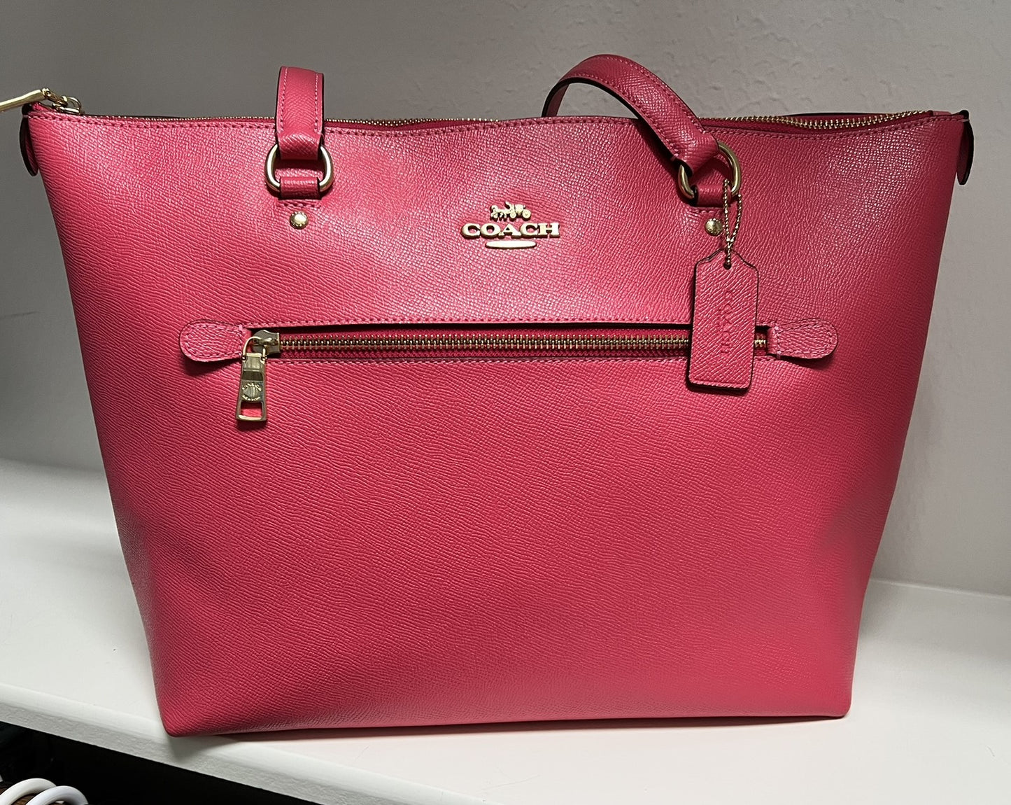 Salmon Coach Tote Bag with Gold Hardware