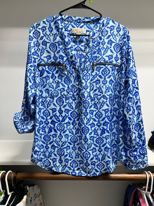 Michael Kors Blue Geometric Pattern Blouse with Gold Zippers